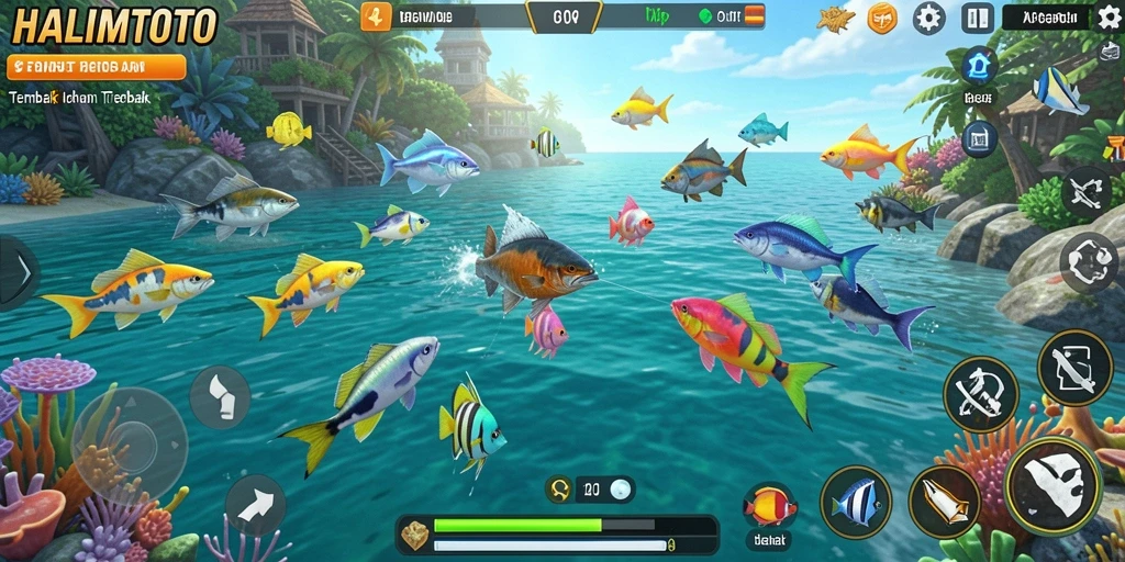 Tampilan gameplay HALIMTOTO dengan aksi menembak ikan yang mendebarkan.