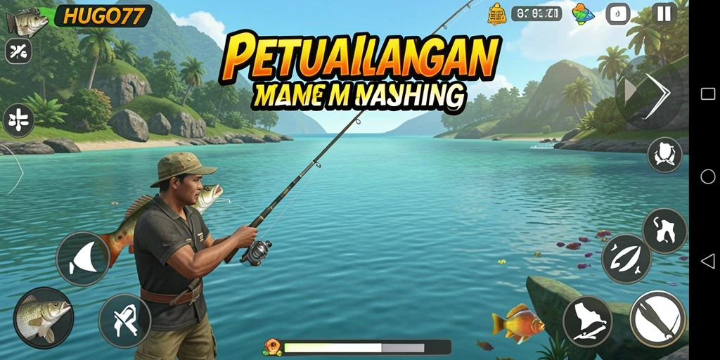 Antarmuka gameplay HUGO77 yang menampilkan aksi memancing yang mendebarkan.