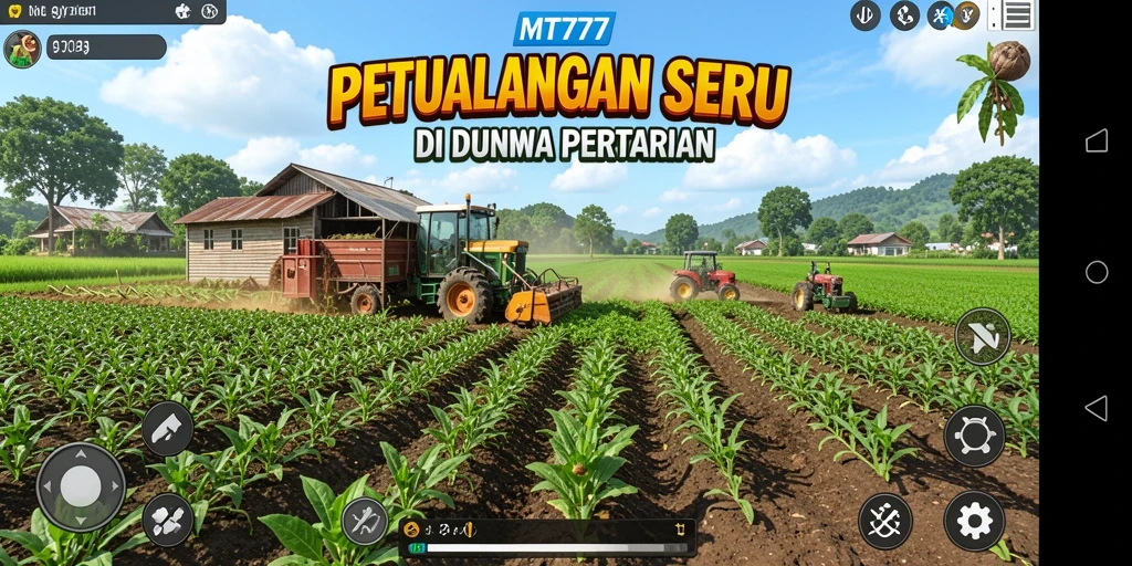 Screenshot gameplay MT777 menampilkan lahan pertanian yang subur dan beragam tanaman.