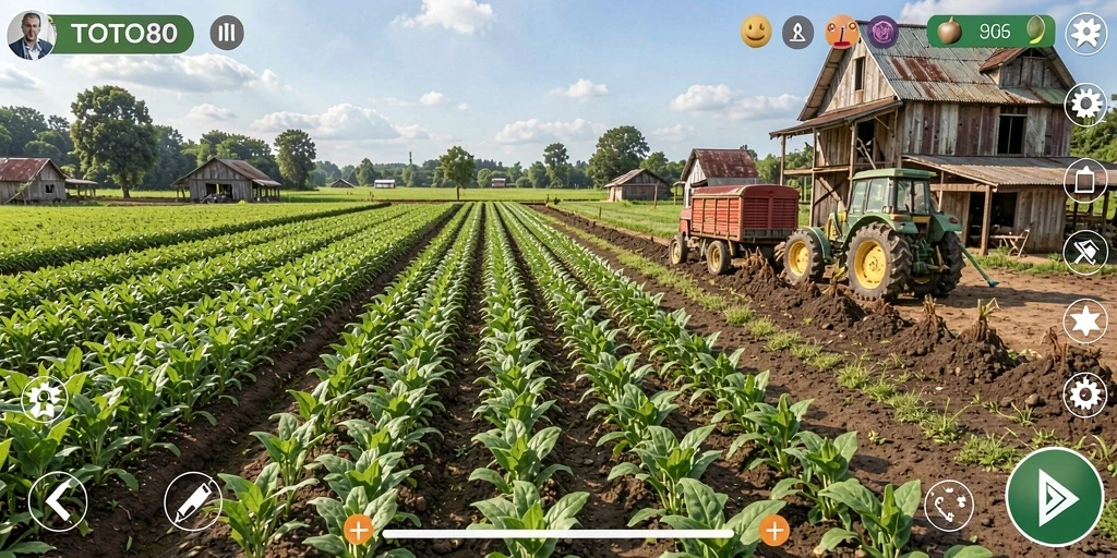 Screenshot gameplay TOTO80 menampilkan ladang yang subur dan tanaman yang tumbuh.